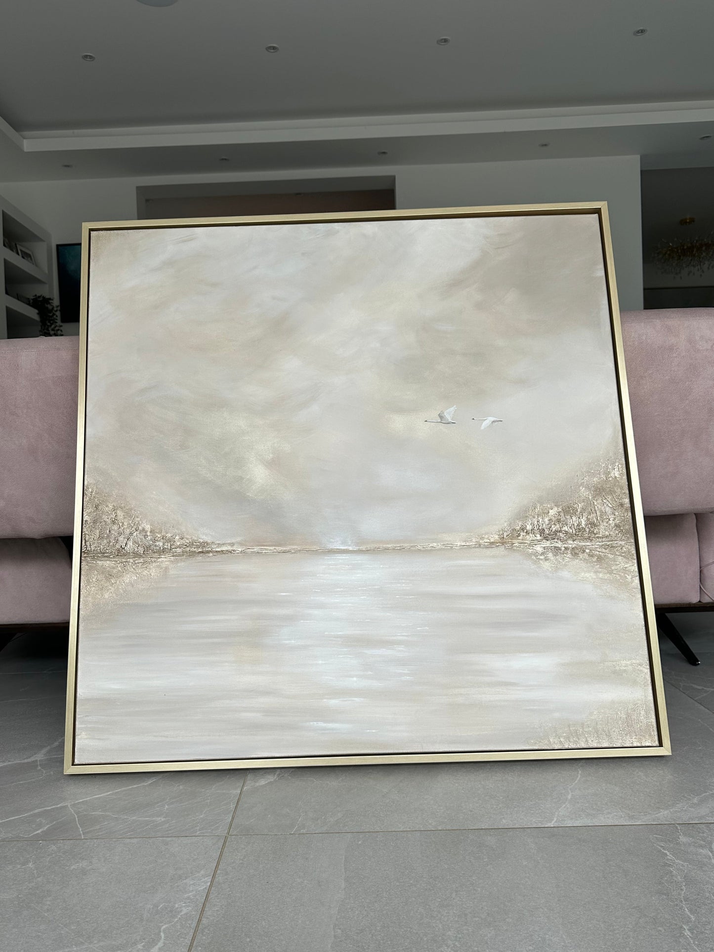 Abstract landscape painting, modern interior luxurious sky gold white cream