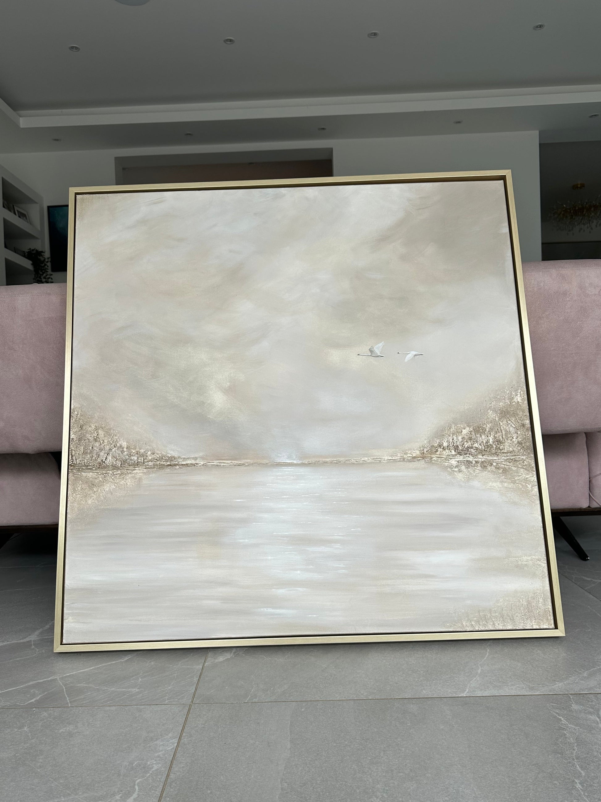 Abstract landscape painting, modern interior luxurious sky gold white cream