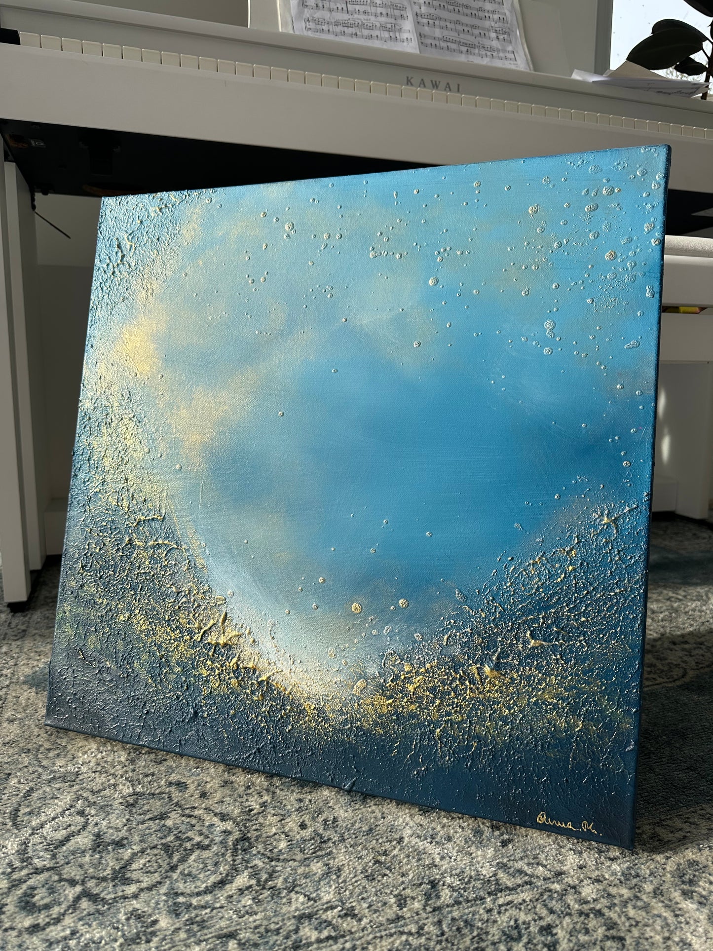 Blue abstract seascape textured art with gold