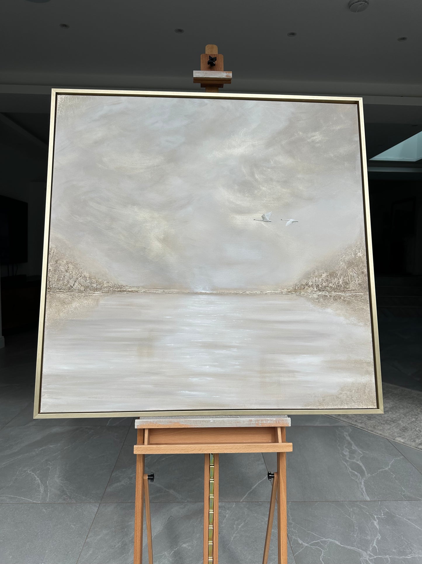 Large abstract landscape nude muted colours beige gold white painting with swans flying in the sky