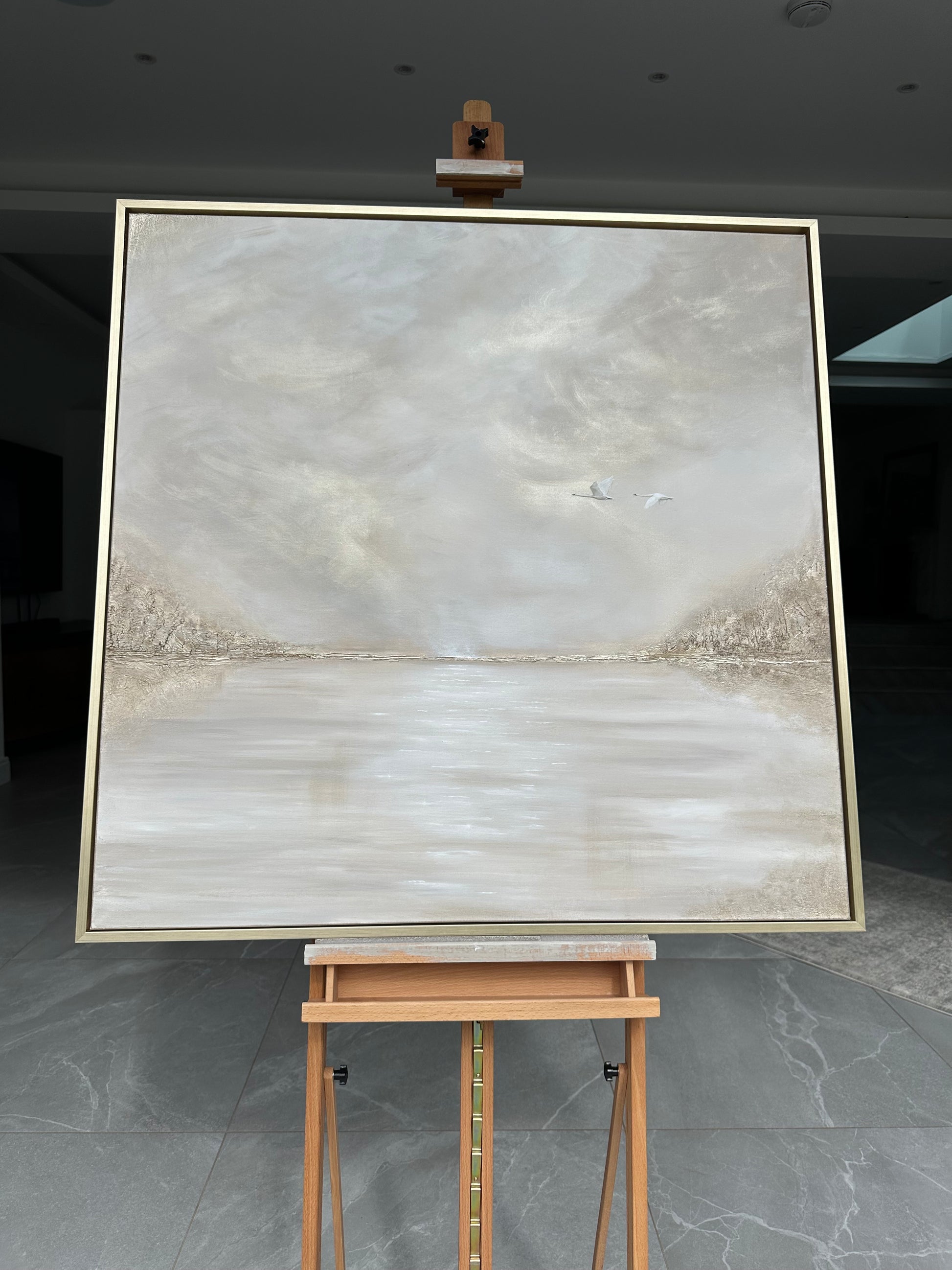 Large abstract landscape nude muted colours beige gold white painting with swans flying in the sky