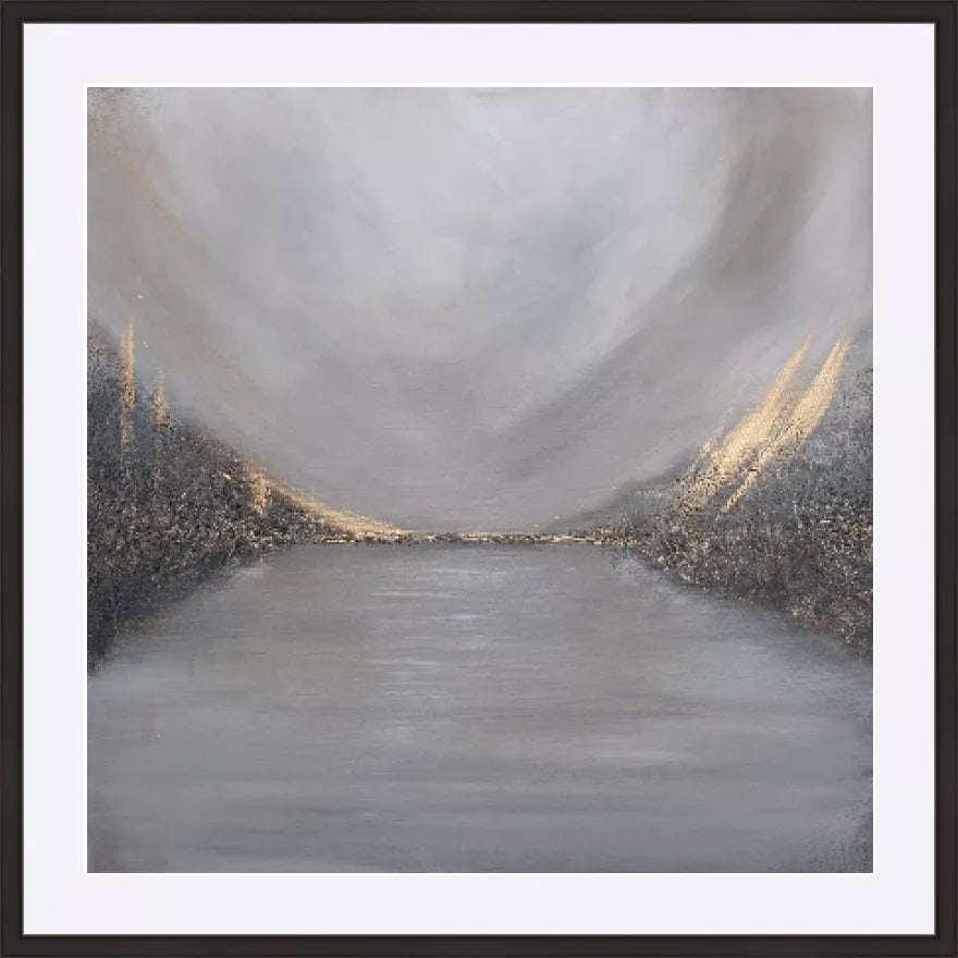 Abstract landscape painting in soft grey tones with textured dark cliffs and subtle gold accents reflected on calm water