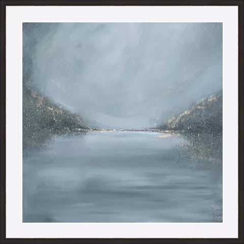 Abstract grey  green and gold landscape fine art print with textured forms and calm water reflection