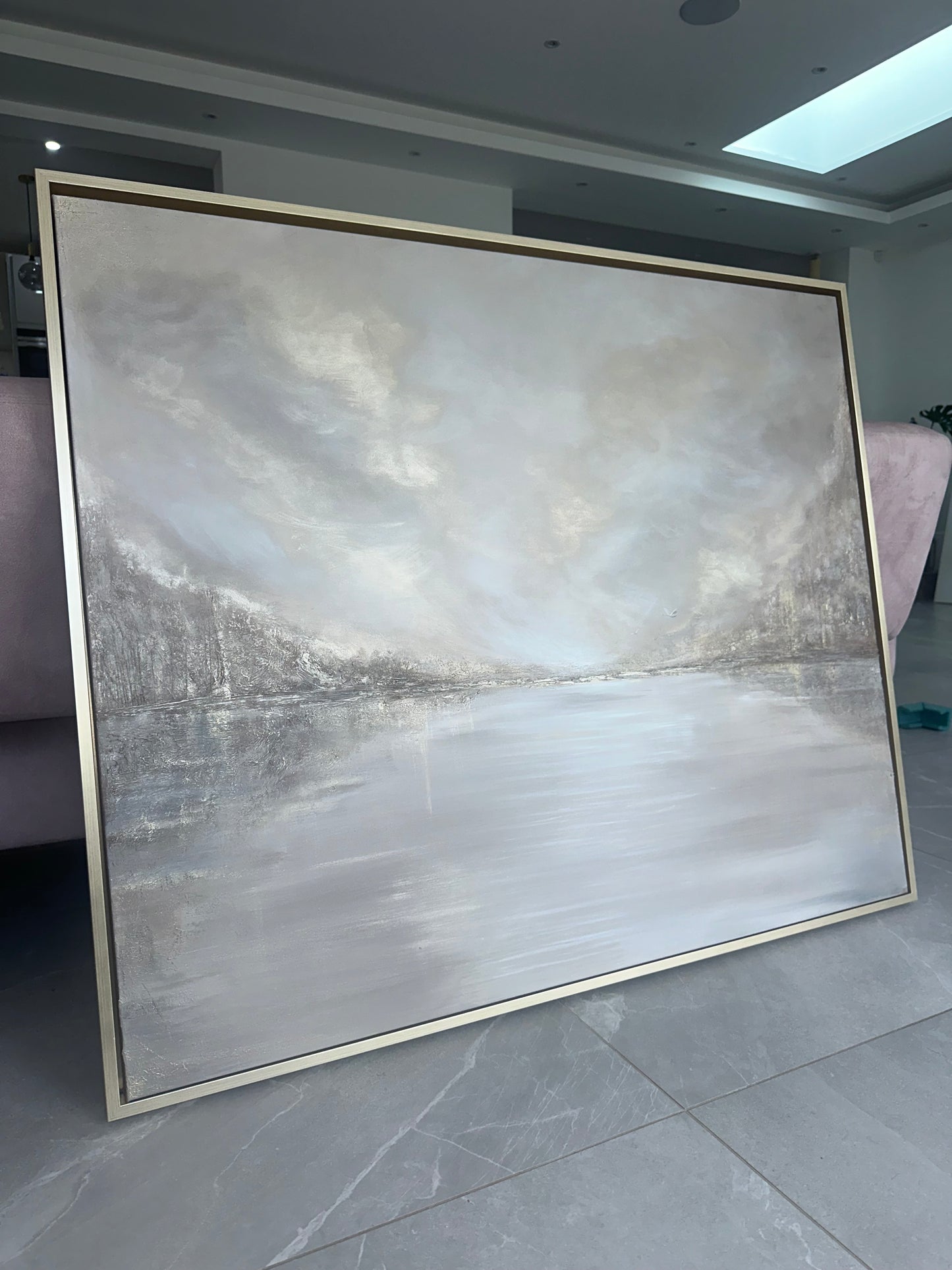 Large abstract landscape painting in soft grey and white tones featuring a calm reflective lake and misty horizon Swans and birds 