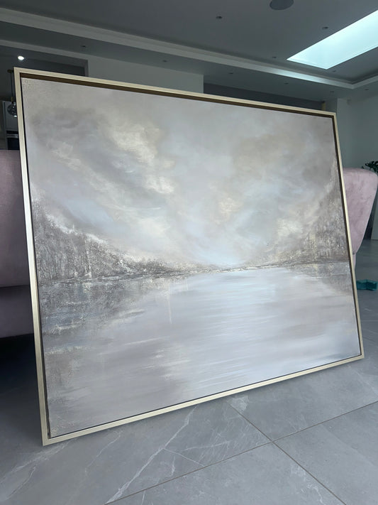 Large abstract landscape painting in soft grey and white tones featuring a calm reflective lake and misty horizon Swans and birds 