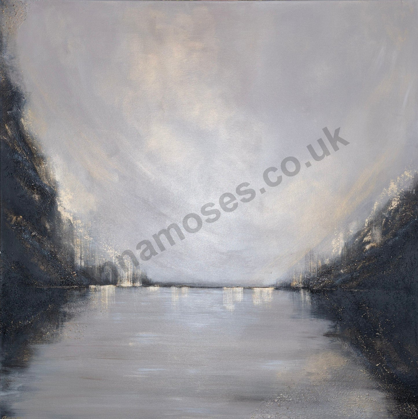 Artistic depiction of a river with a cloudy sky, dark, beige