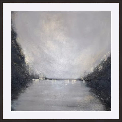 Abstract art piece with a central circular light source on a dark background, featuring the artist's website annamoses.co.uk