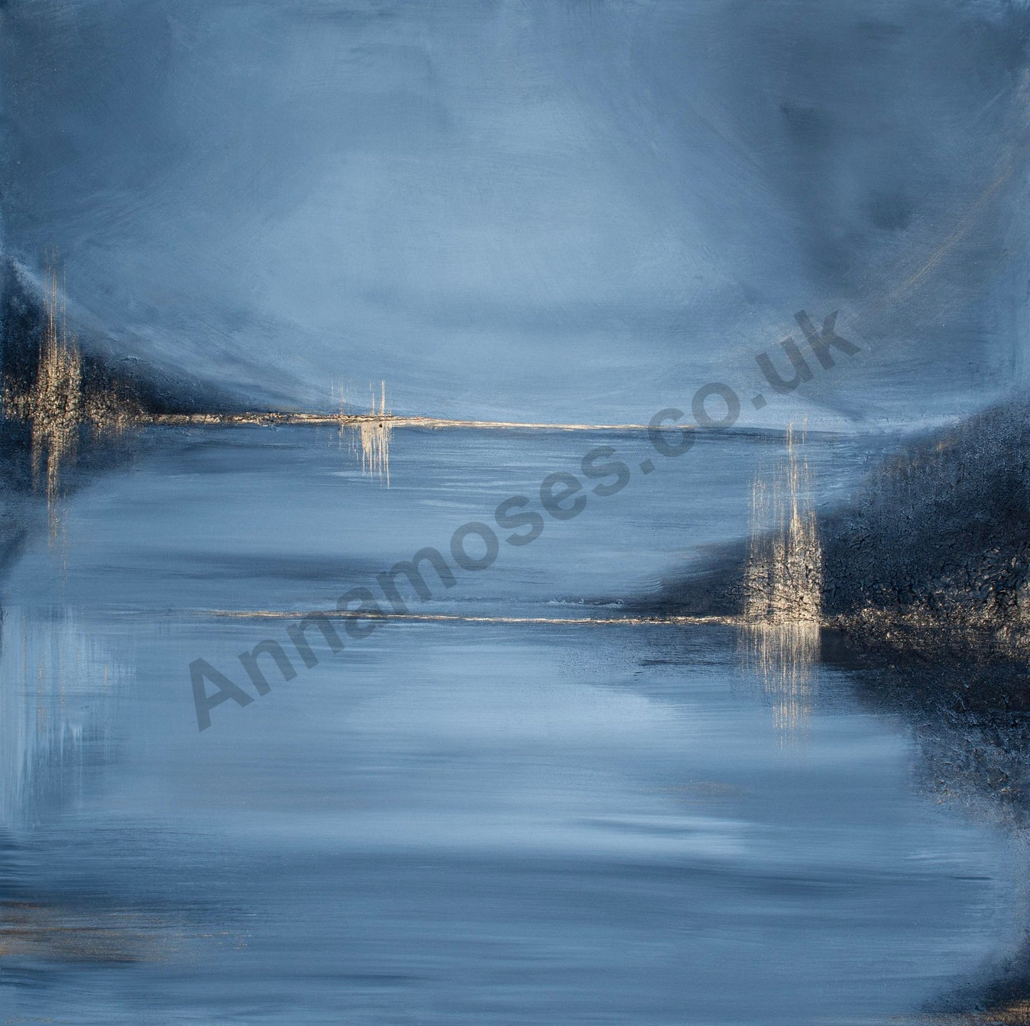 Luxury abstract blue and gold seascape fine art limited edition print with textured horizon and reflective water