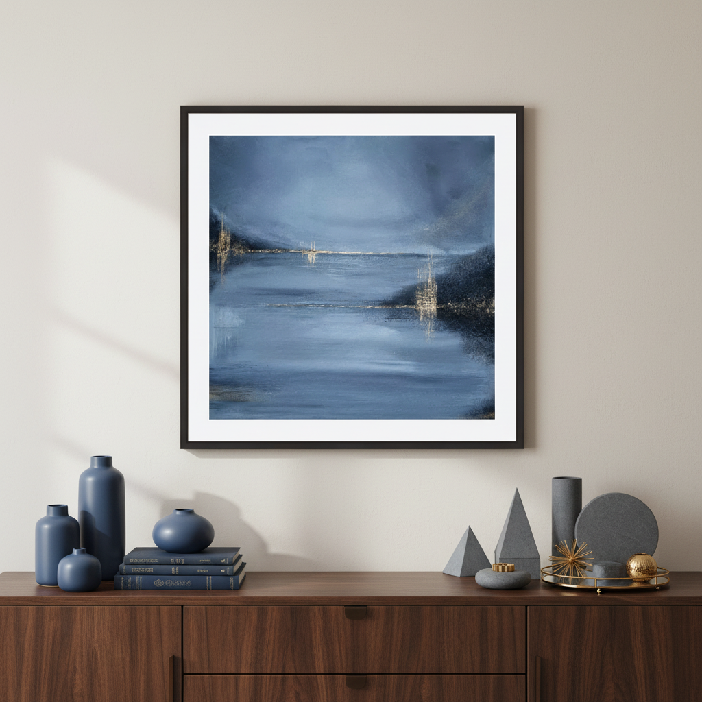 Luxury abstract blue and gold seascape fine art limited edition print with textured horizon and reflective water