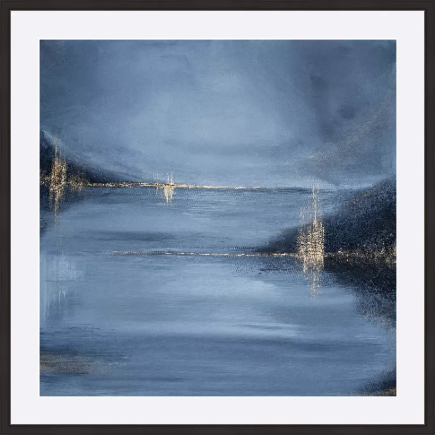 Luxury abstract blue and gold seascape fine art limited edition print with textured horizon and reflective water
