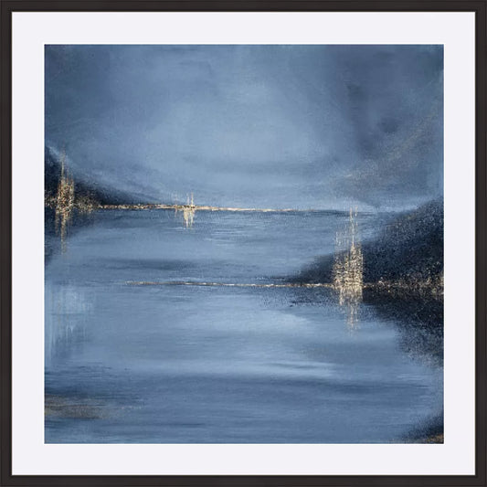 Luxury abstract blue and gold seascape fine art limited edition print with textured horizon and reflective water