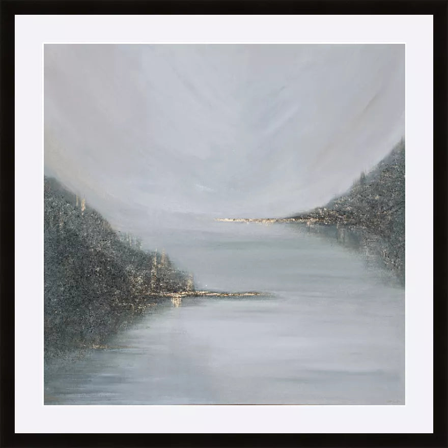 Luxury abstract grey green and gold landscape fine art limited edition print with textured forms and serene water reflection