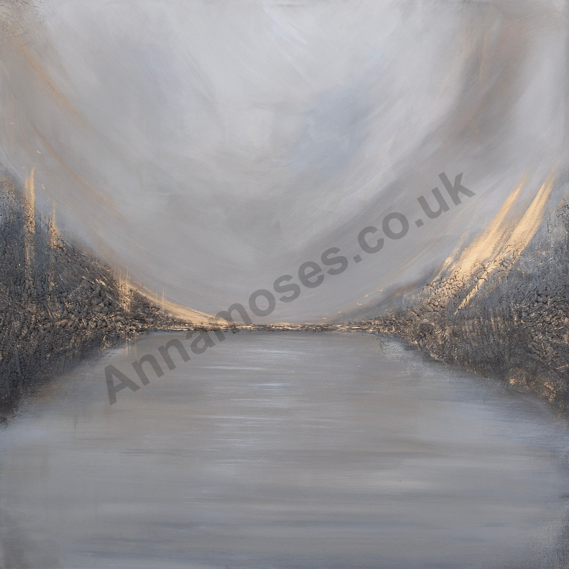 Abstract landscape painting with a lake and mountains, featuring soft gray and brown tones.