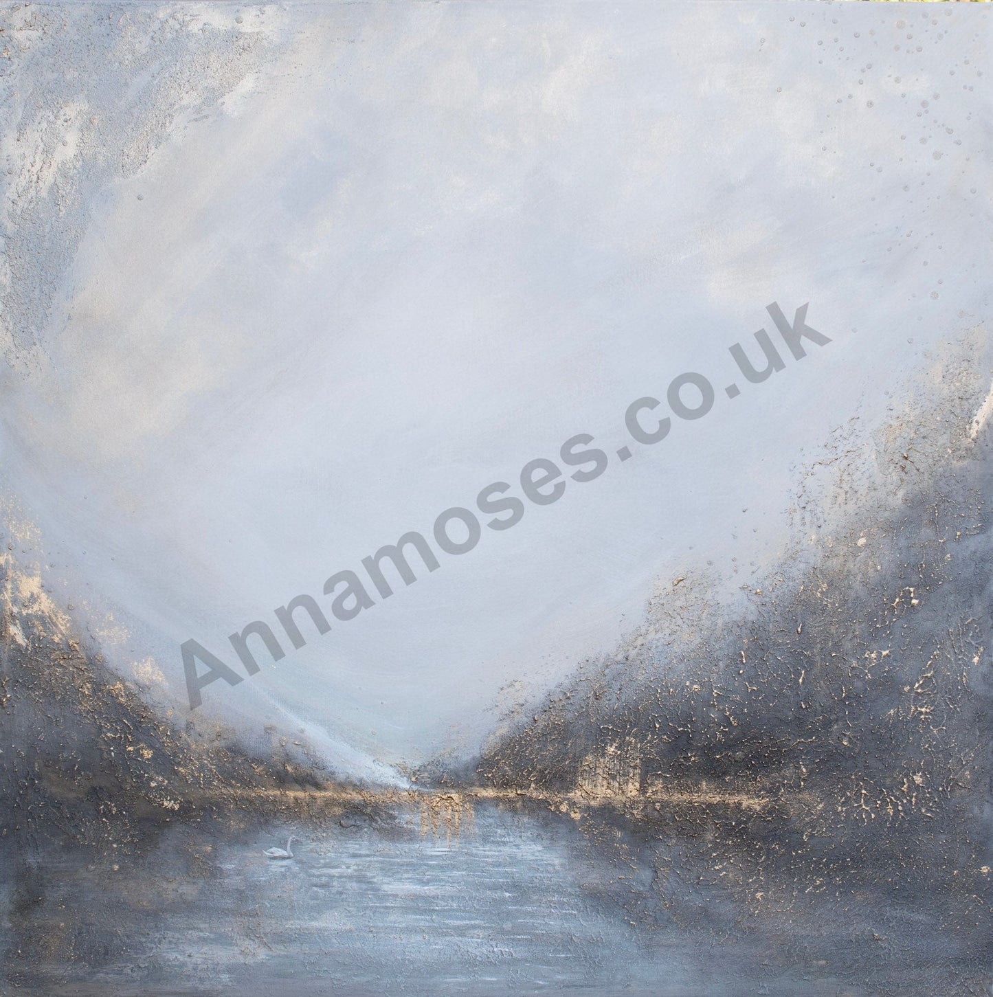 Luxury abstract grey and gold mountain landscape fine art limited edition print with textured forms and calm water reflection