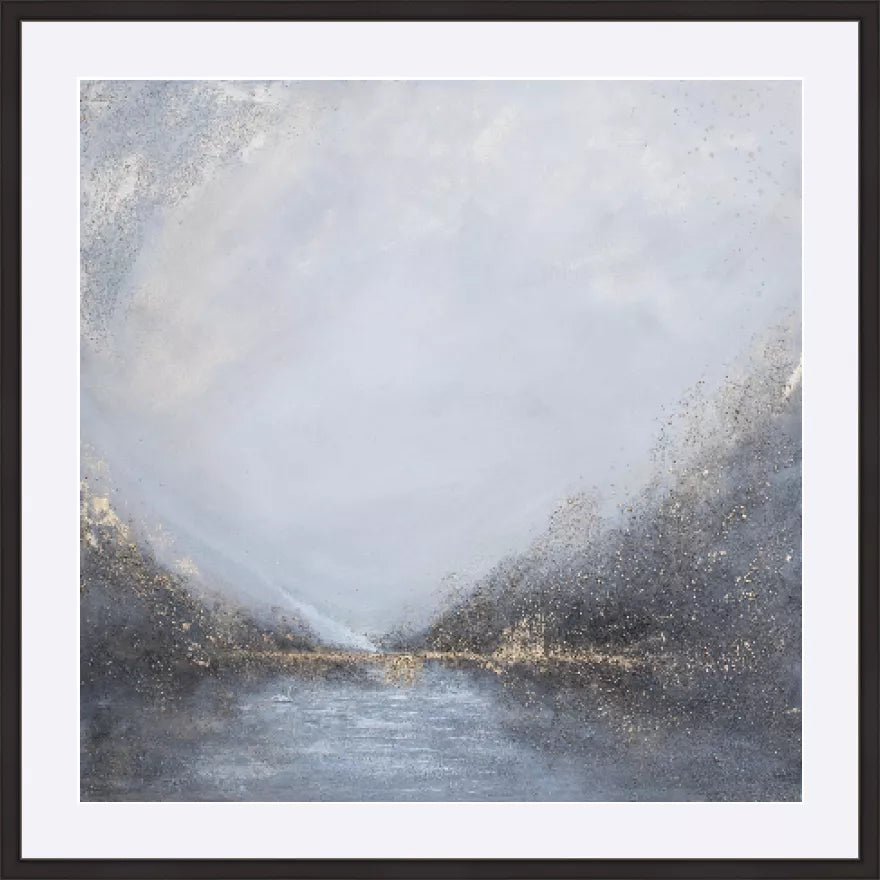 Luxury abstract grey and gold mountain landscape fine art limited edition print with textured forms and calm water reflection