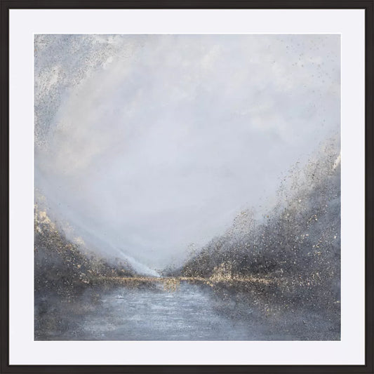 Luxury abstract grey and gold mountain landscape fine art limited edition print with textured forms and calm water reflection