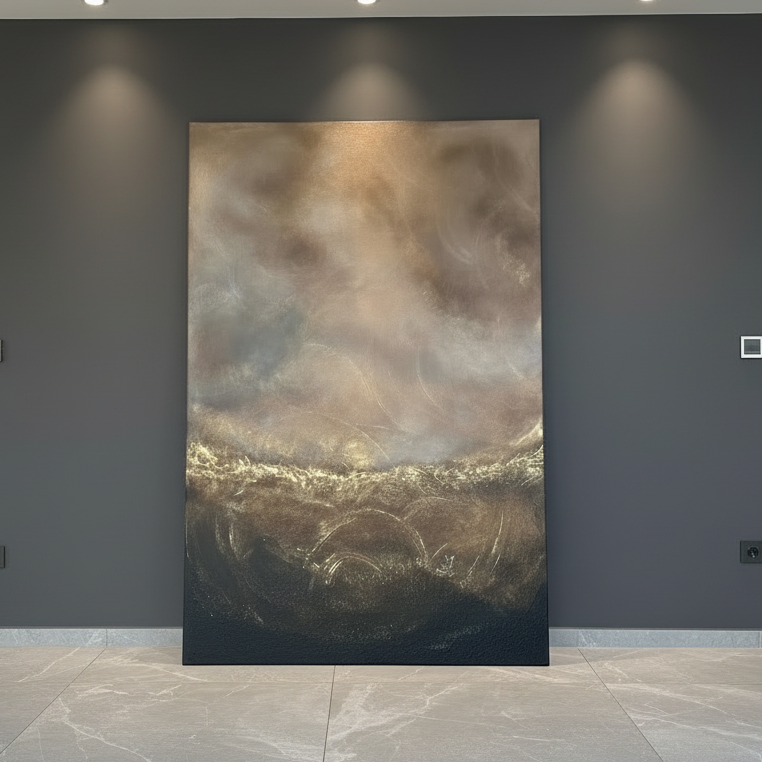 Textured abstract landscape painting in earthy tones, representing change, renewal, and steady healing, with layered mixed media creating depth and quiet movement.