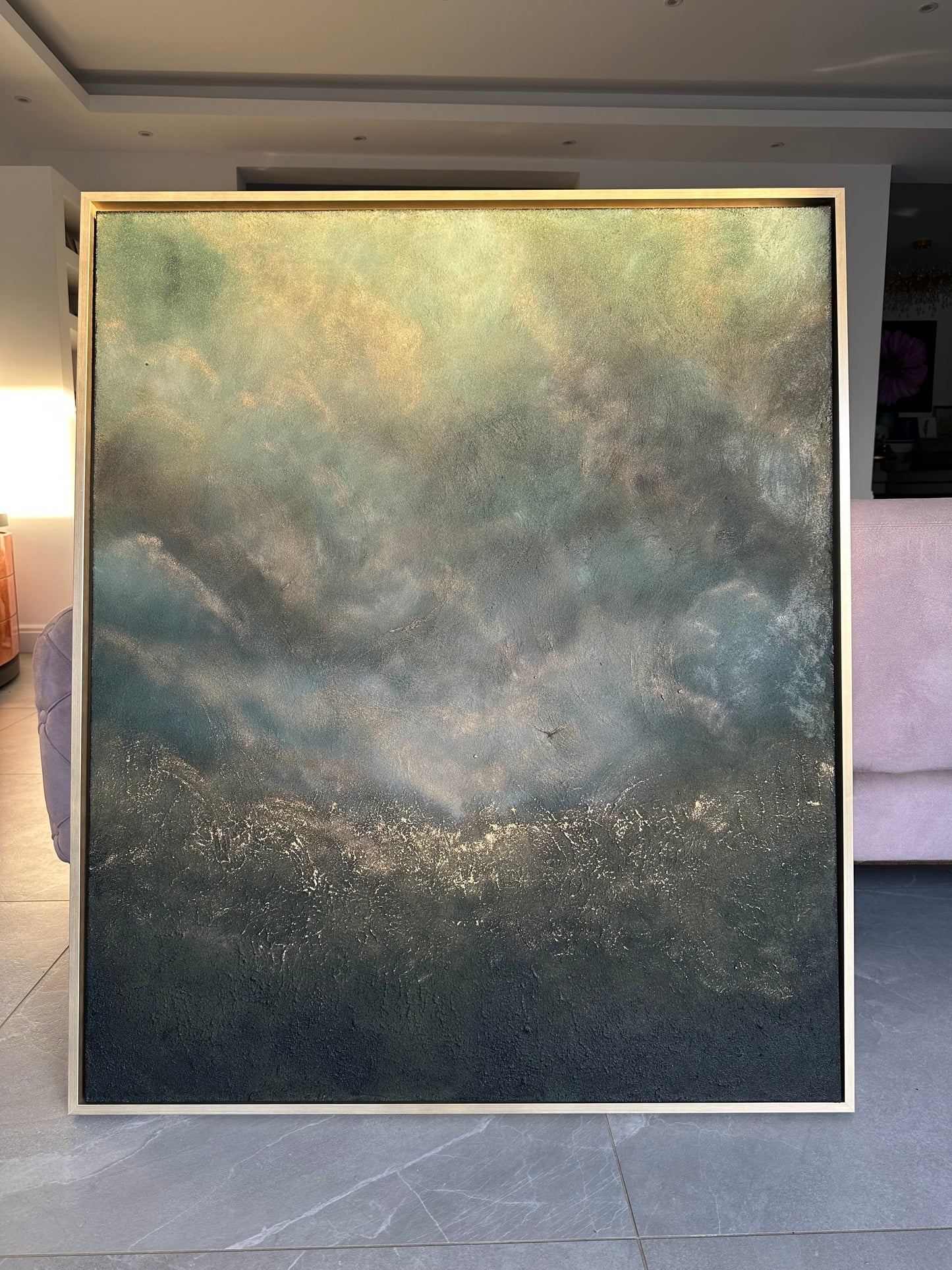 Emotionally expressive abstract textured landscape painting in dark greens, browns, and greys with subtle gold accents, exploring mental struggle, courage, and healing