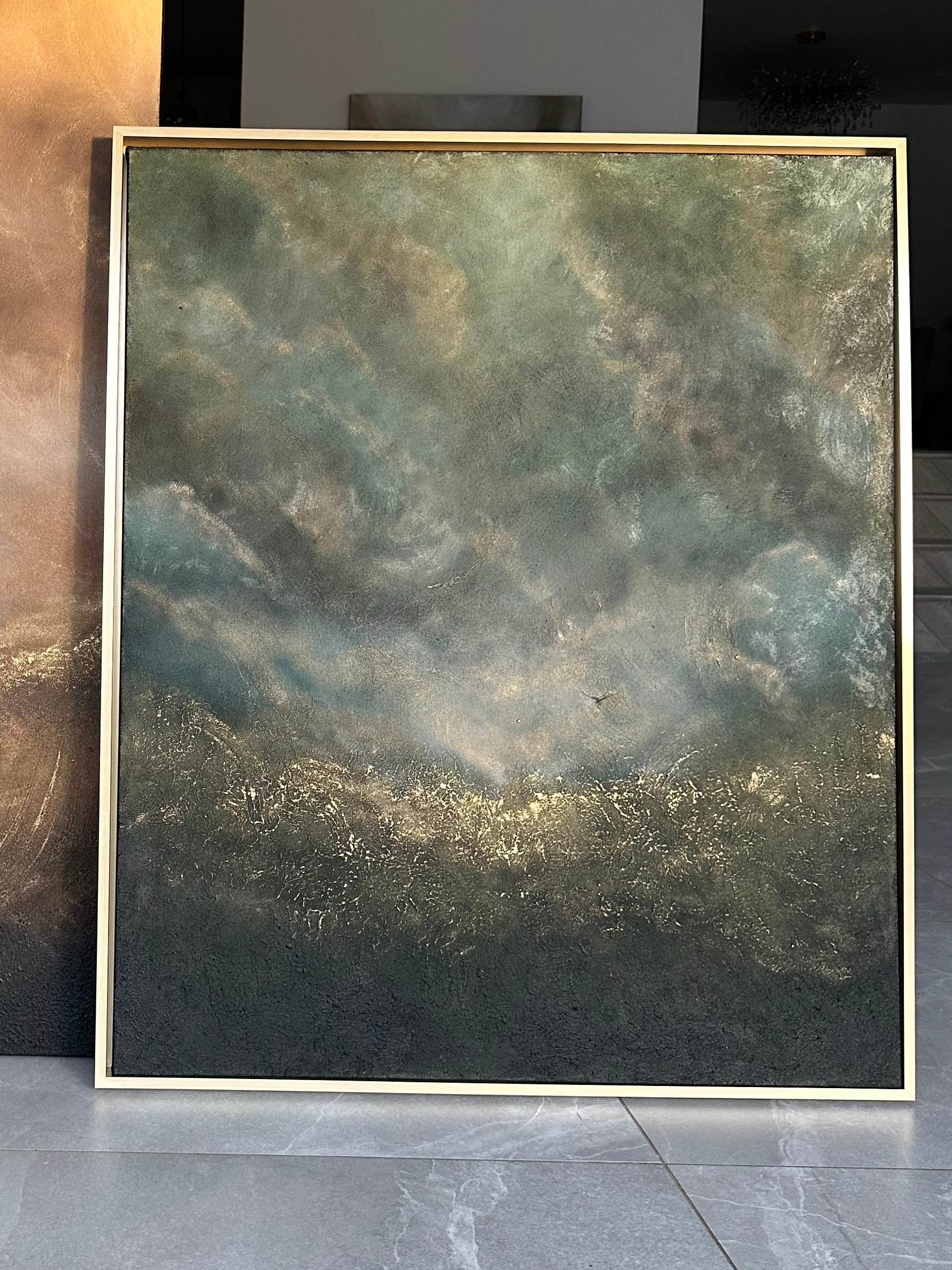 Emotionally expressive abstract textured landscape painting in dark greens, browns, and greys with subtle gold accents, exploring mental struggle, courage, and healing